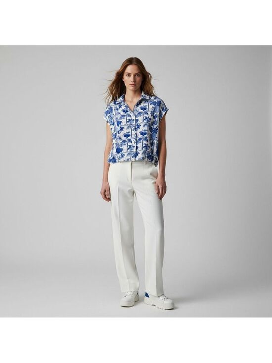 Rose & Olive Tops - Rose & Olive Blue White Hawaiian Novelty Fruit Cropped Cap Sleeve Shirt